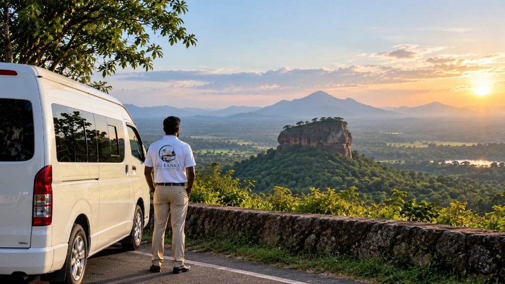 Sri Lanka Chauffeur Guide with touring van overlooking Sigiriya Rock Fortress